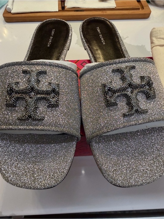Tory Burch Shoes - Tory Burch Silver Glitter Double-T Crystal Eleanor Slide Sandals